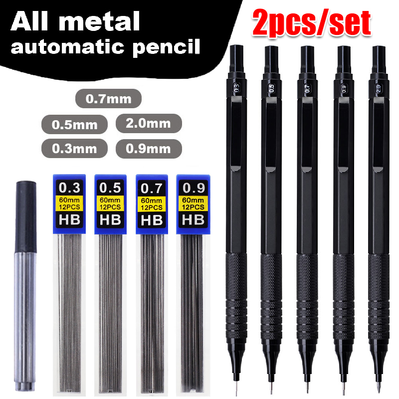 Mechanical Pencil 0.3 - ชุดดินสอกดโลหะสีดำแบบศูนย์ถ่วงต่ำ ขนาดไส้ 0.3-2.0 มม. ดินสอกดอัตโนมัติสำหรับงานศิลปะ สเก็ตช์ภาพ