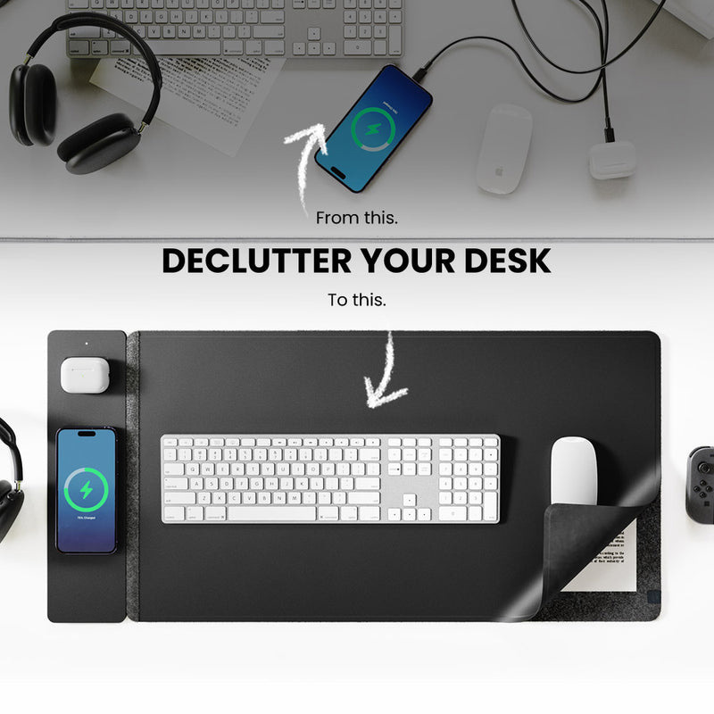 Leather Desk Pad - แผ่นรองเมาส์แม่เหล็กไร้สาย 15W ขนาดใหญ่ พร้อมที่จัดระเบียบบนโต๊ะ แผงถอดออกได้ ใช้งานได้สองด้าน